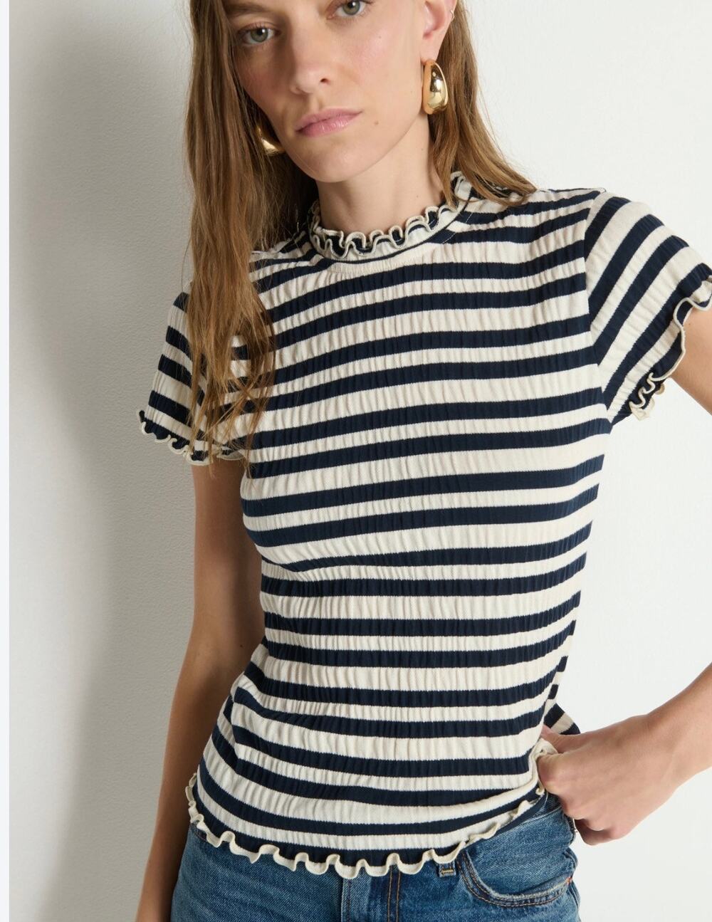 Nation LTD Natalia Crinkle Scallop Hem Striped Blouse Large